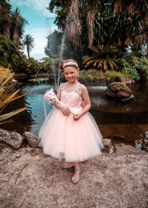Pink Lace Tulle Beaded V Back Flower Girl Dress